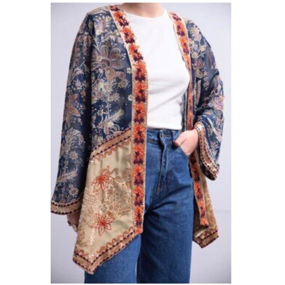 Soft Surroundings Moonlight Garden Kimono with embroidered velvet trim Sz M
